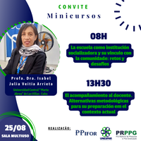 Programa de Mestrado em Ensino: Formação Docente Interdisciplinar (PPIFOR), da Unespar, campus Paranavaí, compartilha a visita da Prof. Dra. Isabel Julia Veitia Arrieta ao Brasil. A vinda ocorrerá de 25 a 27 de agosto de 2025. Durante esse período, ela ministrará minicursos, participará de banca, realizará palestras e discussões com docentes e alunos. A docente tem um largo currículo com experiências na graduação e pós-graduação, pesquisa, extensão, escola primária. A sua vinda ocorre por meio do edital 19/2025 da PRPPG/Unespar.
- Programação: 25/08/2025 - Das 8h às 12h: Minicurso “La escuela como institución socializadora y su vinculo con la comunidade: retos y desafios” - Das 13h30 às 17h30: Minicurso “El acompañamiento al docente. Alternativas metodológicas para su preparación em el contexto actual” - Das 19h30 às 21h: Palestra a alunos da graduação do campus com a temática “Políticas y prácticas de formación docente en la escuela primaria” --- 26/08/2025 - Das 8h às 12h: Banca de Qualificação de Letycia Medeiros Soares - Das 15h às 17h: Reunião aberta com coordenadores de cursos e docentes do PPIFOR --- 27/08/2025 - Das 8h às 9h30: Palestra aos alunos da graduação do campus com a temática “Políticas y prácticas de formación docente en la escuela primaria” -
A participação da Profa. Dra. Isabel Julia Veitia Arrieta reforça o compromisso do PPIFOR e da Unespar com a internacionalização na pós-graduação, discussões transnacionais e a formação docente de excelência por meio de intercâmbio acadêmico internacional.