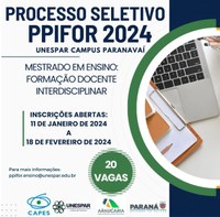 Estão abertas as inscrições para o processo seletivo do Programa de Pós-Graduação em Formação Docente Interdisciplinar (PPIFOR) da Universidade Estadual do Paraná (Unespar), campus Paranavaí. O programa é voltado para profissionais da educação, especialmente docentes da Educação Básica, que buscam aprofundar conhecimentos por meio da pesquisa acadêmica.

O Programa de Pós-Graduação em Formação Docente Interdisciplinar (PPIFOR) da Universidade Estadual do Paraná (Unespar), Campus Paranavaí é voltado para você que é licenciado, atua ou deseja atuar na educação, e busca aprofundar conhecimentos por meio da pesquisa acadêmica.